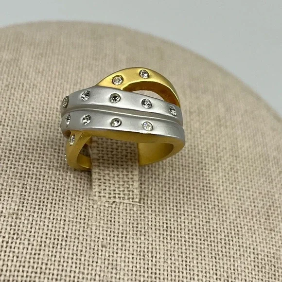 Two-Tone Gold & Silver Crystal Statement Ring, Size 5 - Picture 4 of 12